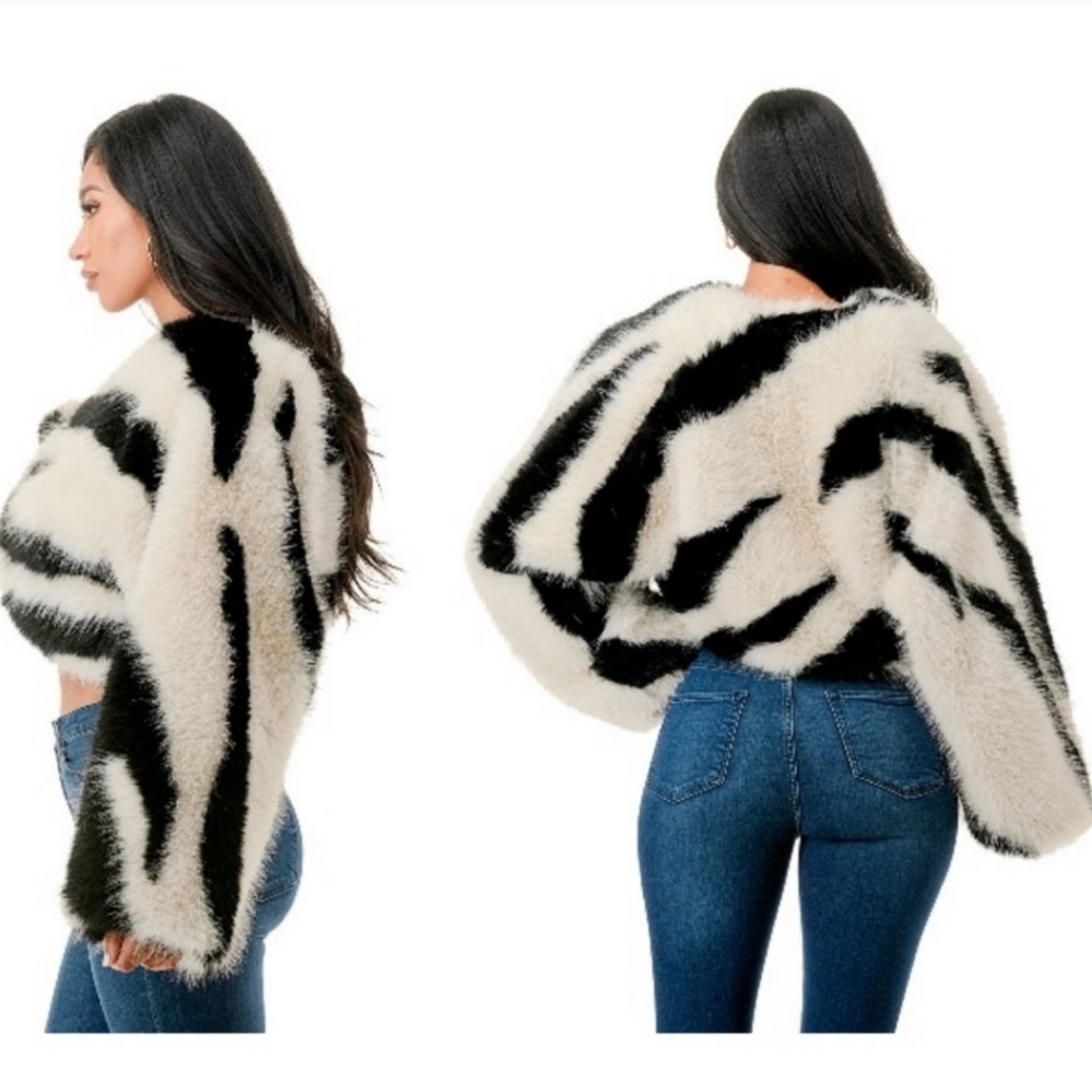 Zebra print faux fur crop jacket